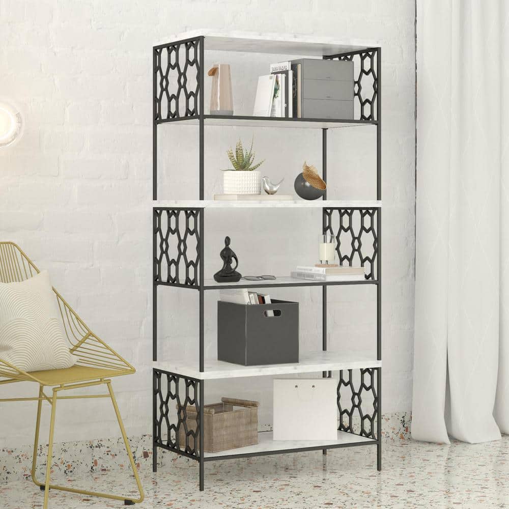 Ella Modern White Marble and Black Metal 5-Shelf Bookcase