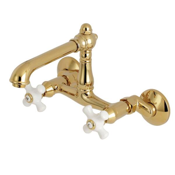 Kingston Brass English Country 2-Handle Wall-Mount Standard Kitchen Faucet in Polished Brass