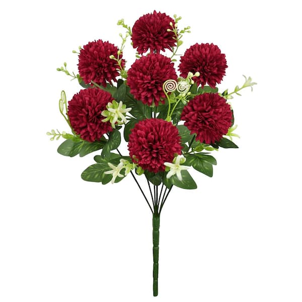 LIVING LUXURY 16 in. Red Burgundy Artificial Pom Mum Flower Stem Bush Bouquet Set of 3