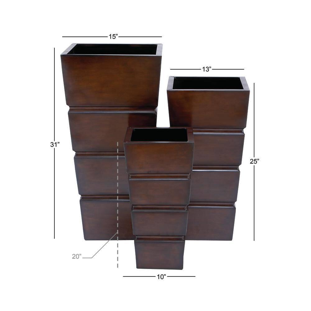 Set of 3 Brown Metal Rectangular Planters with Tapered Base