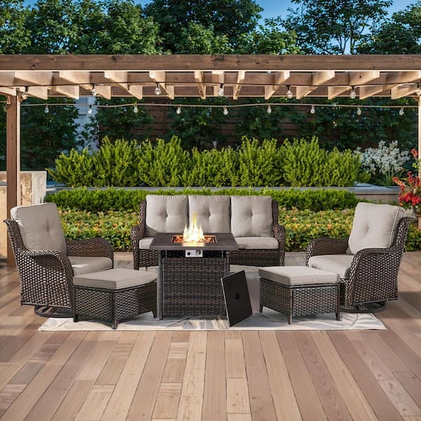 ArcoBay 6-Piece Brown Wicker Patio Square Fire Pit Conversation Set with Beige Cushions and Swivel Rocking Chairs