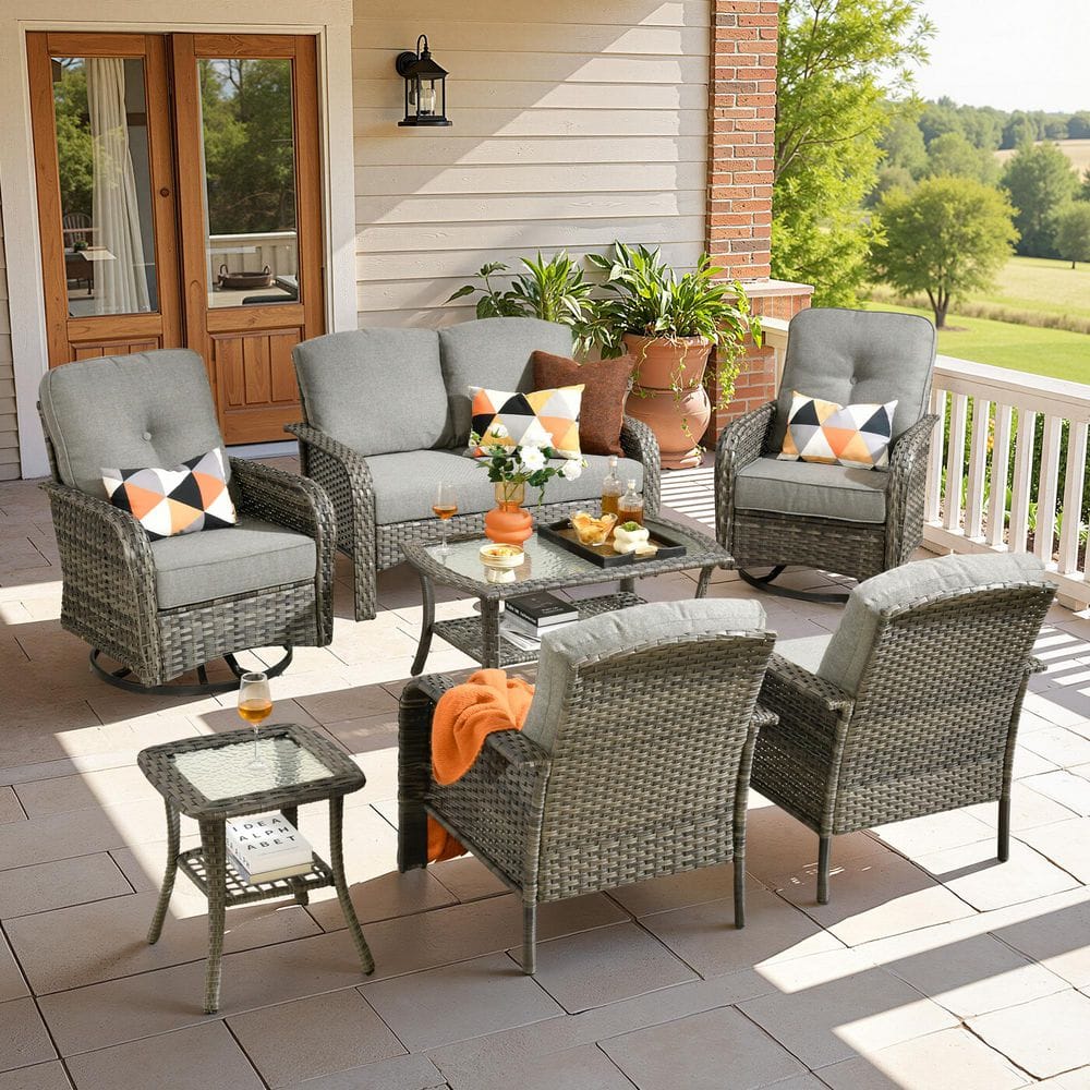 Hot Sale Serava Gray 7-Piece Wicker Outdoor Sectional Sofa Set with Swivel Chairs and Dark Gray Cushions for Deck, Patio price history on PriceWatchPro