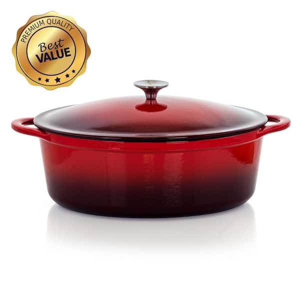 MegaChef Artisan 7 qt. Oval Enameled Cast Iron Nonstick Casserole Dish in Gradient Red with Lid