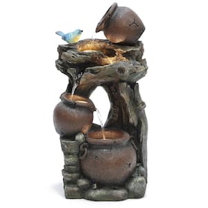 Rustic Pots and Pitchers on Tree Outdoor Polyresin Cascade Fountain with LED Lights