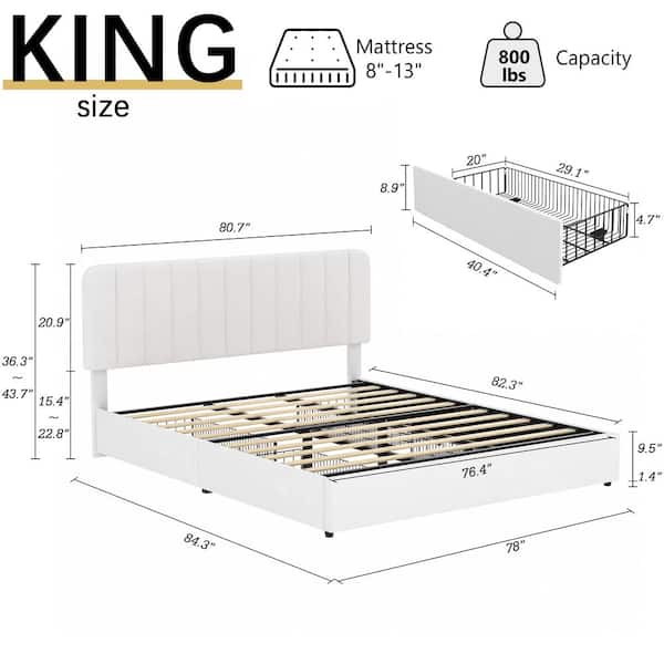 Platform Storage Bed White Metal Plus Wood Bed Frame King Platform Bed with Velvet Upholstered Headboard and 4-Drawers