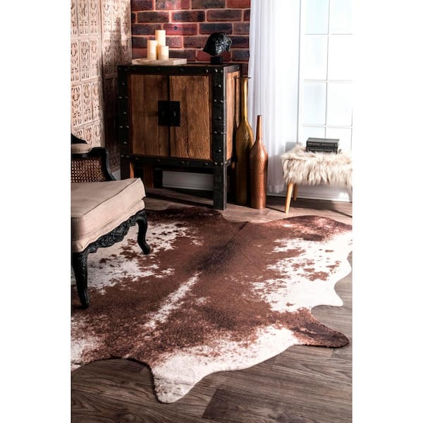 Halina Faux Cowhide Brown Doormat 4 ft. x 5 ft. Shaped Rug
