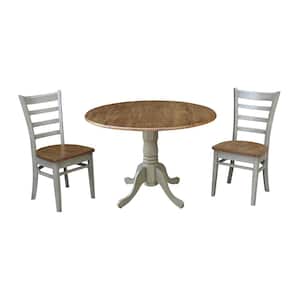 Brynwood 3-Piece 42 in. Hickory/Stone Round Drop-Leaf Wood Dining Set with Emily Chairs