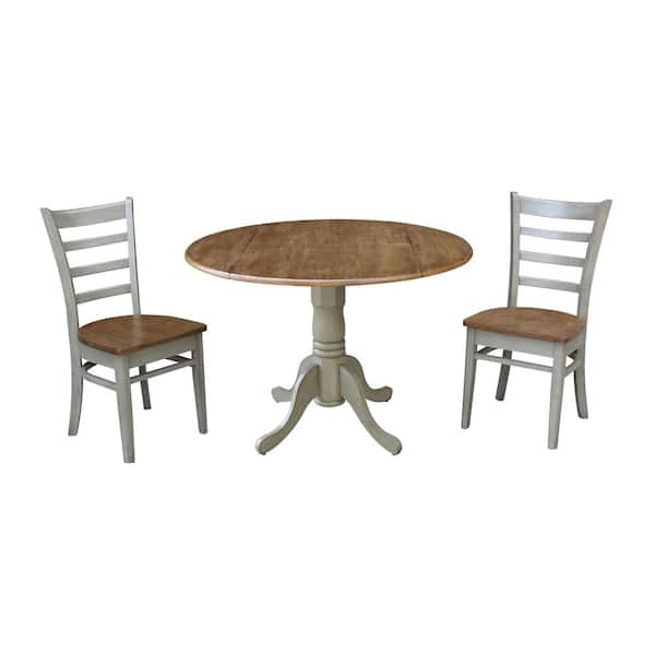 International Concepts Brynwood 3-Piece 42 in. Hickory/Stone Round Drop-Leaf Wood Dining Set with Emily Chairs