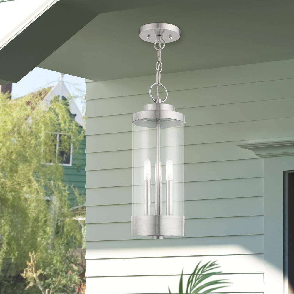 Brushed Nickel 3-Light Indoor/Outdoor Pendant Lantern with Clear Glass