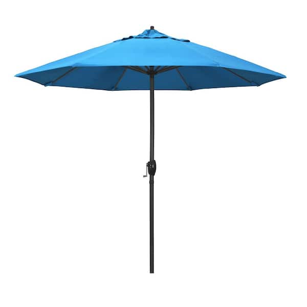 California Umbrella 9 ft. Black Aluminum Market Patio Umbrella Auto Tilt in Canvas Cyan Sunbrella