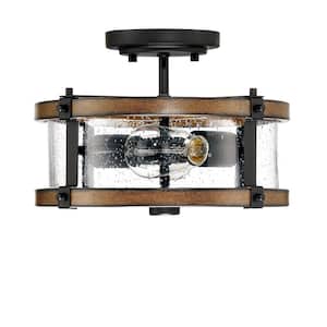 12.2 in. W. 2-Light Semi Flush Mount with Matte Black, Barnwood Accents and Seeded Glass Shade