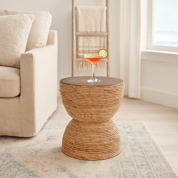 Brown 16 in. Round Wood Accent Table with Woven Banana Leaf