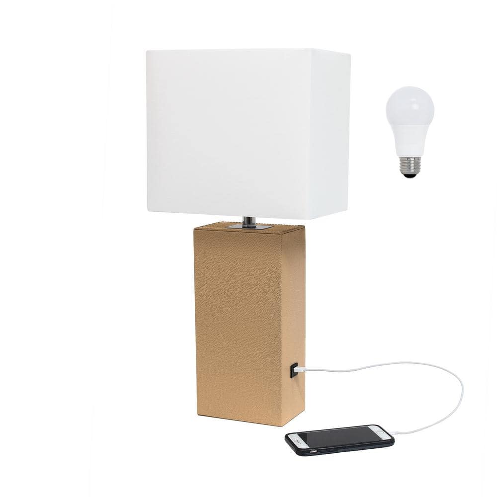 21 in. Beige Modern Leather Wrapped Table Lamp with USB Port, with LED Bulb