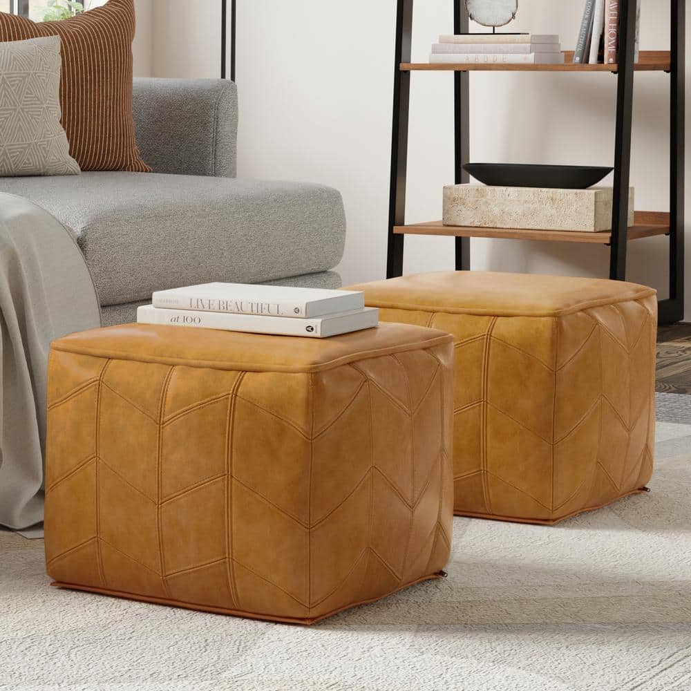 Brown Genuine Leather Chevron Pattern Square Pouf