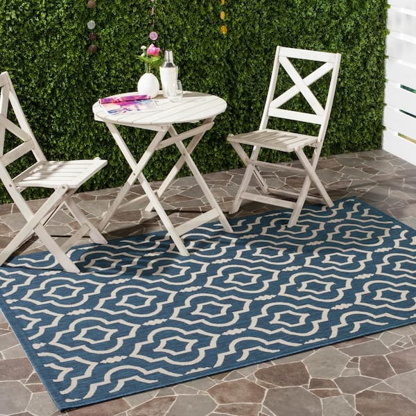 Courtyard Navy/Beige Doormat 2 ft. x 4 ft. Geometric Indoor/Outdoor Patio Area Rug