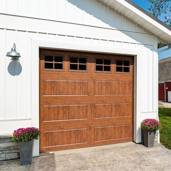 Gallery Steel Long Panel 8 ft x 7 ft Insulated 18.4 R-Value Wood Look Medium Garage Door with SQ22 Windows