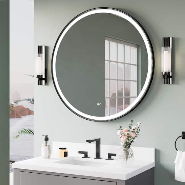 WELLFOR 36 in. W x 36 in. H Round Framed Anti-Fog LED Wall Bathroom Vanity Mirror in Matte Black
