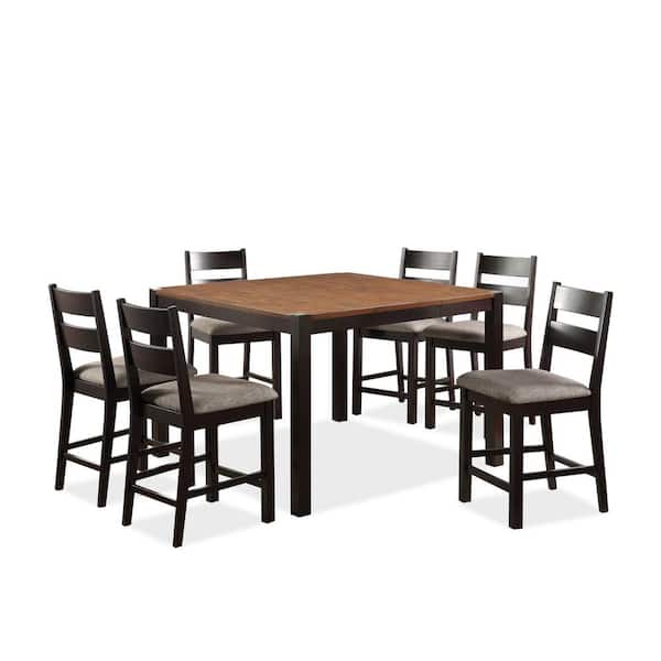Furniture of America Linka 7-Piece Wood Top Dark Oak and Espresso Extendable Counter Height Table Set