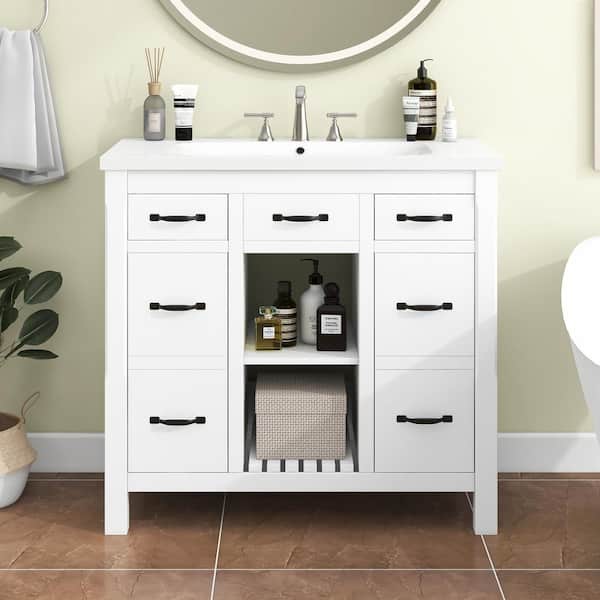 Staykiwi 36 in. W x 18 in. D x 33 in. H Single Sink Freestanding Bath Vanity in White with White Culture Marble Top