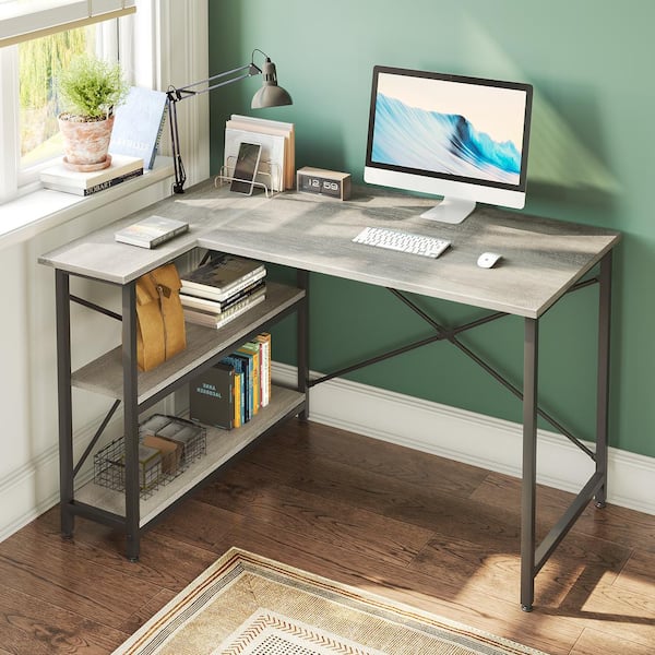 Two Person L Shaped Desk with Adjustable Shelves Light Oak