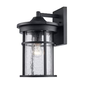 Avalon 14.5 in. 1-Light Black Outdoor Wall Light Fixture with Clear Crackled Glass