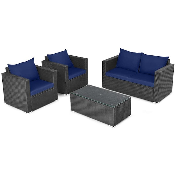 Costway Black 4-Piece Wicker Patio Conversation Set with Blue Cushions