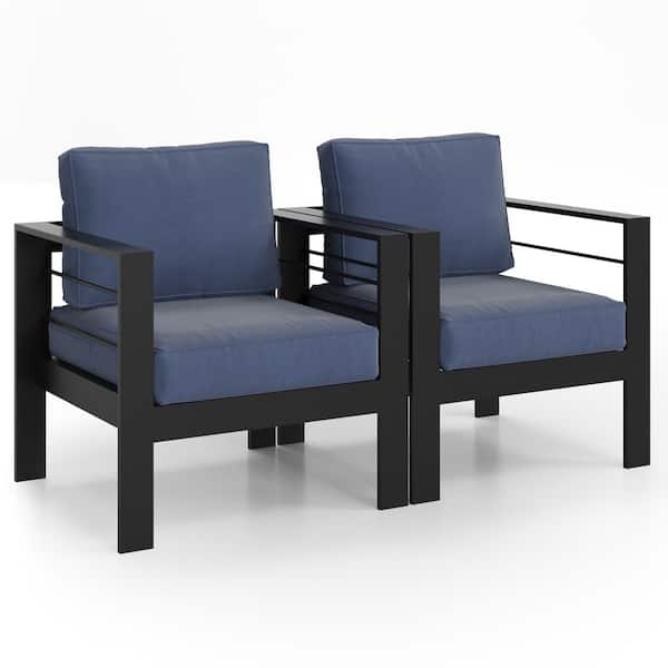 Unbranded 2 Pieces Aluminum Outdoor Couch, All Weather Sofa Patio Couch, with Blue Thick Cushions, for Garden Lawn Backyard Pool