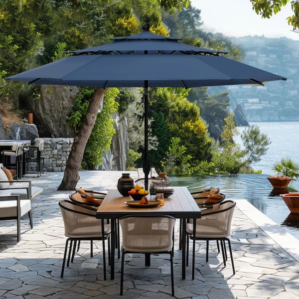 PHI VILLA 10 ft. Market Patio Umbrella in 3-Layer in Blue With Crank and Tilt