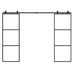 32 in. x 84 in. Full-lite Clear Glass Black Metal Frame Double Sliding Barn Door with Hardware Kit and Soft-close