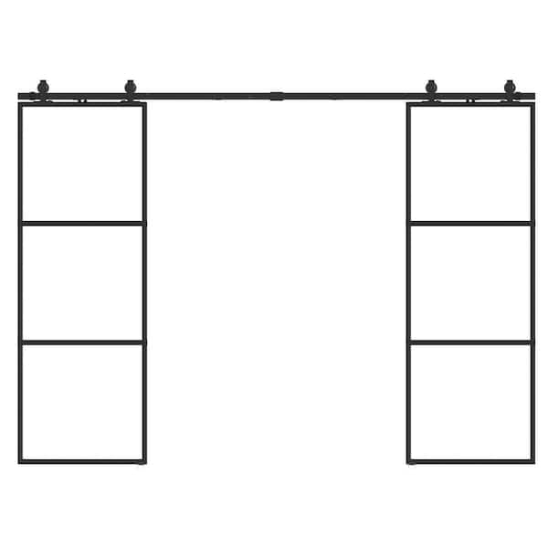 64 in. x 84 in. Full-lite Clear Glass Black Metal Frame Double Sliding Barn Door with Hardware Kit and Soft-close