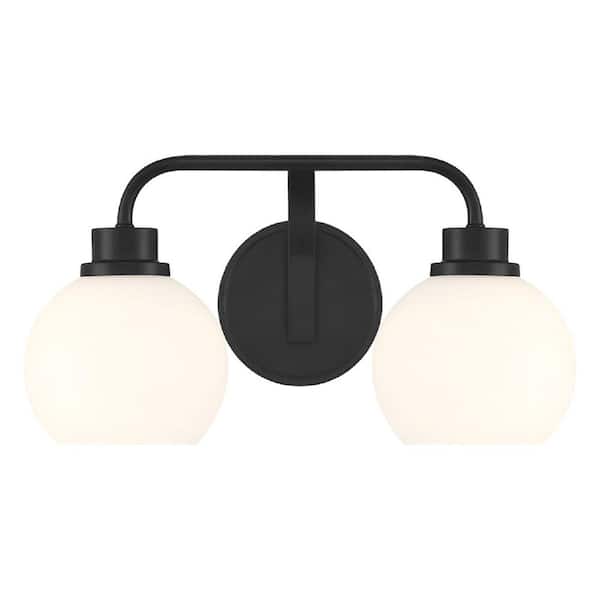 TUXEDO PARK LIGHTING 16 in. W x 8.25 in. H 2-Light Matte Black Contemporary Bathroom Vanity Light with White Opal Glass Shades