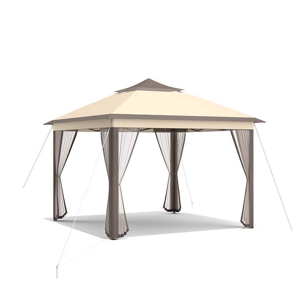 Beige and Brown 11'x11' 2-Tier Pop-Up Gazebo Tent with Mesh