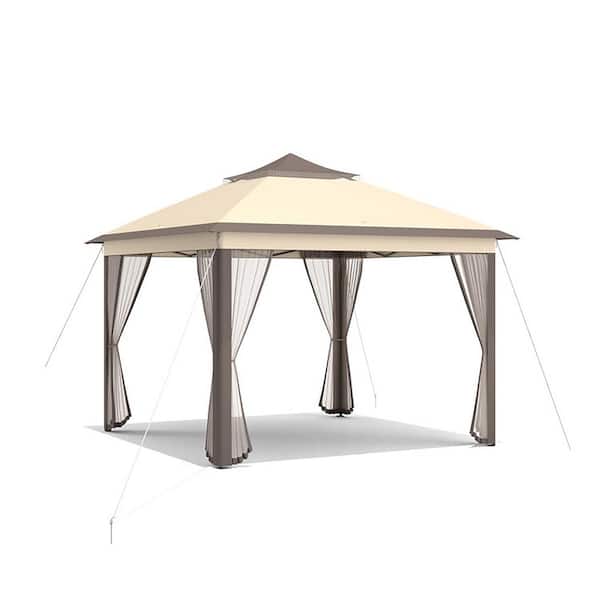 Clihome 11 ft. x 11 ft. 2-Tier Pop-Up Gazebo Tent Portable Canopy By Beige with Shelter Carry Bag
