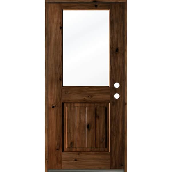 Krosswood Doors 36 in. x 80 in. Rustic Knotty Alder Wood Clear Half-Lite Provincial Stain/VG Left Hand Single Prehung Front Door