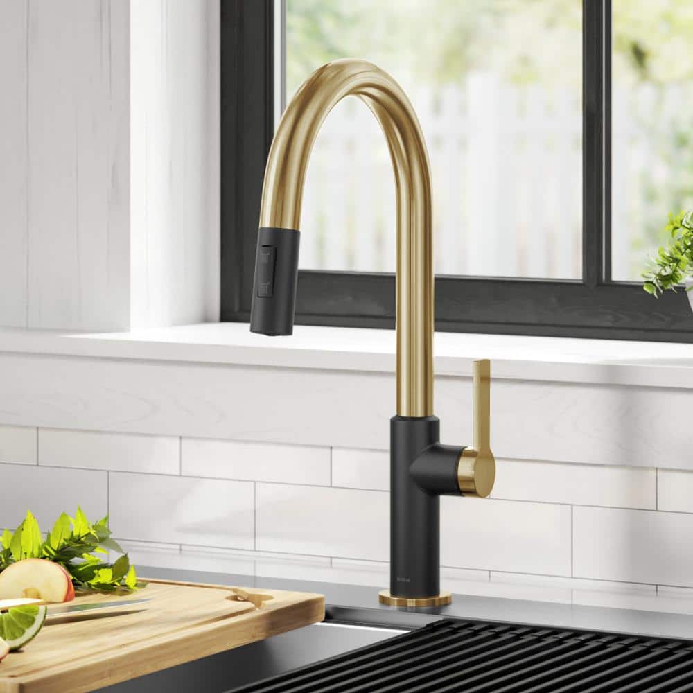 Brushed Brass and Matte Black Pull-Down Kitchen Faucet with Spray