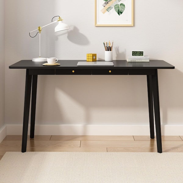 FUFU&GAGA 55 in. W Rectangle Black Wooden 2-Drawer Writing Desk, Computer Desk, Gaming Table, Vanity Table