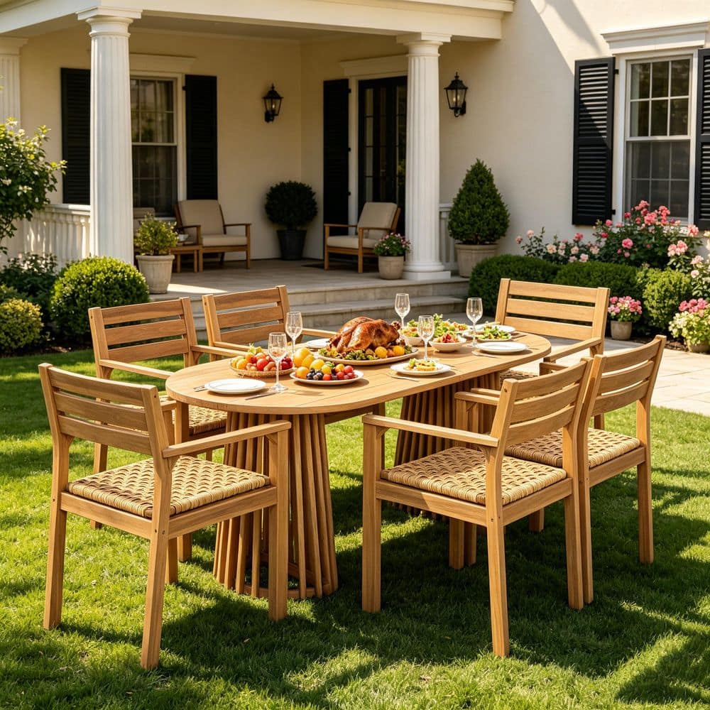 Meroy Patio Solid Wood Outdoor Dining Chairs with Wicker Seats, Light Teak Finish, Set of 6 price history on PriceWatchPro