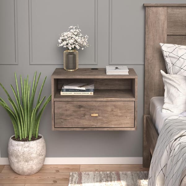 null Hanging Drifted Gray 2-Drawers 22.5 in. W Nightstand, Floating Side Tables with Brushed Brass Knobs, Bedside Table