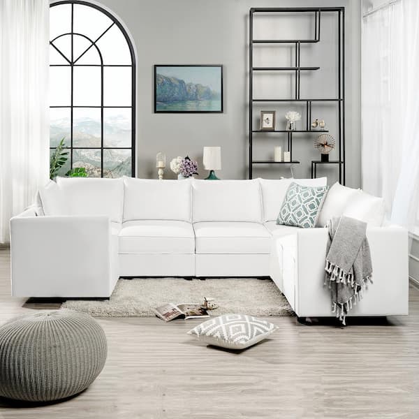HOMESTOCK 112.8 in Modern 7 Seater Upholstered Sectional Sofa White Down Linen Sofa Couch for Living Room Office 64540HD