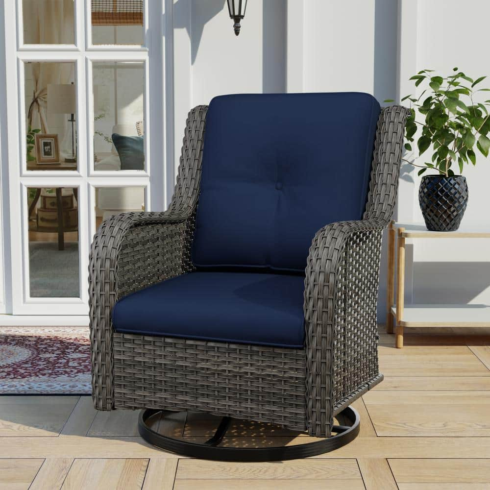 Gardenbee Wicker Outdoor Patio Swivel Rocking Chair with Blue Cushions 1 Pack M81 BLU HDGB The Home Depot