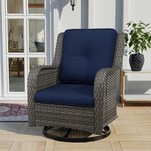 Wicker Outdoor Patio Swivel Rocking Chair with Blue Cushions (1-Pack)