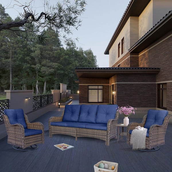 Xingzjojor Brown 4-Piece Wicker Outdoor Patio Conversation Seating Sofa Set with Navy Blue Cushions and Swivel Rocking Chairs