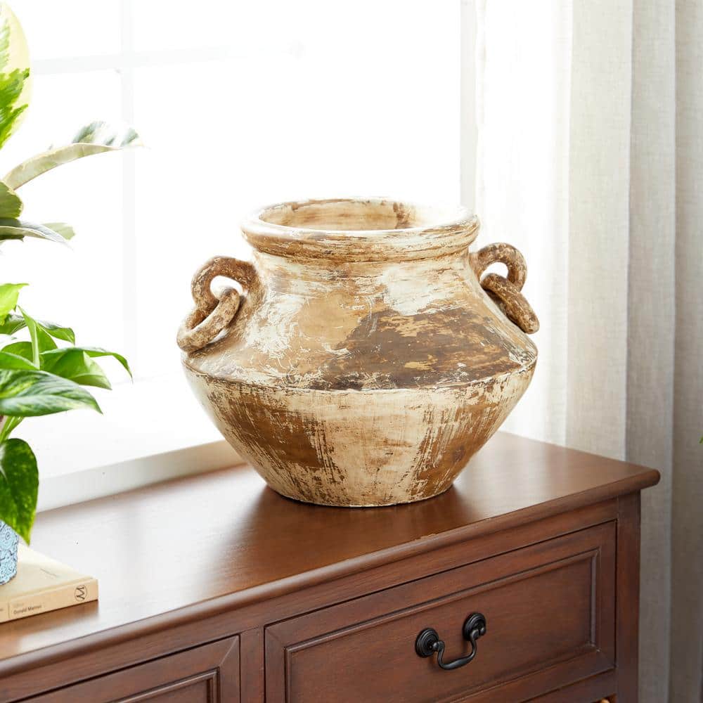 Beige Distressed Solid Amphora Ceramic Vase 13" x 13" x 10"