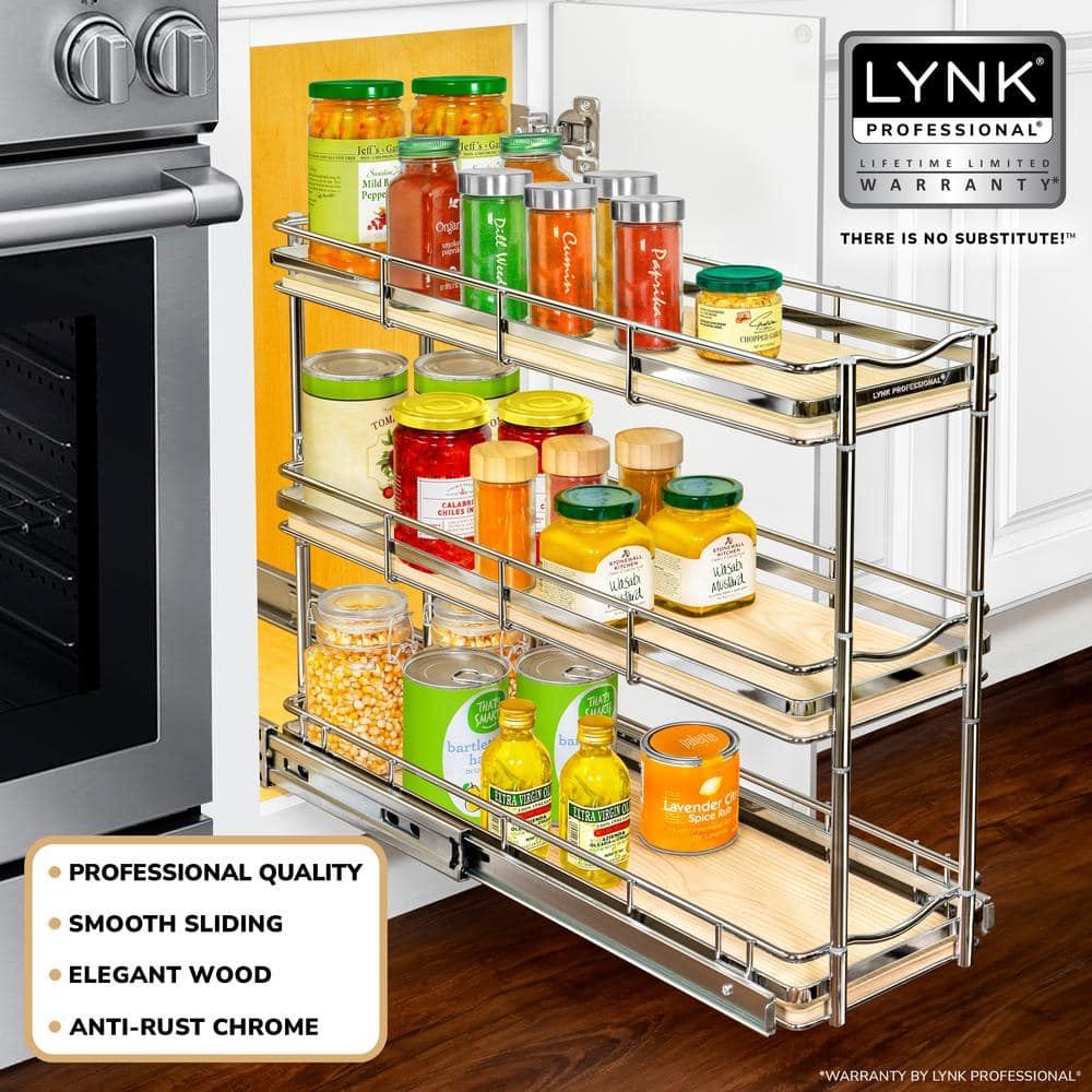 Narrow 3-Tier Wood and Chrome Pull-Out Spice Rack