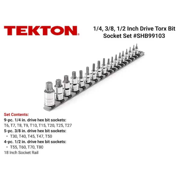 1/4, 3/8, 1/2 in. Drive Torx Bit Socket Set with Rail, 18-Piece (T6-T80)