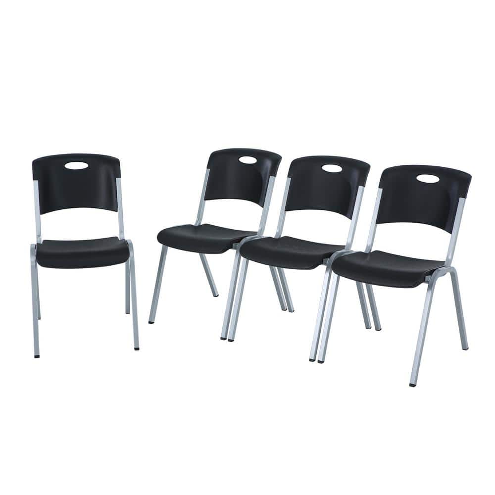 Modern Black and Silver Metal Plastic Utility Chairs, 4 Pack