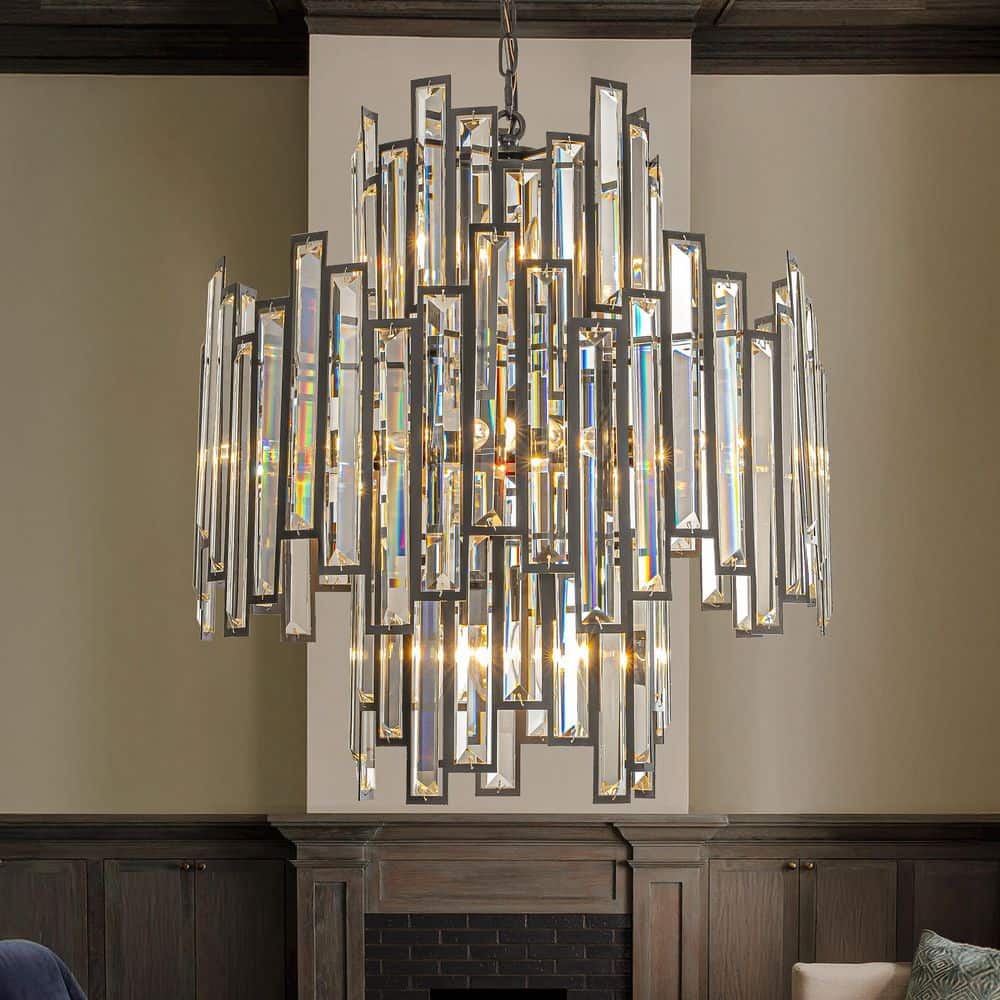 Modern 12-Lights 23 in. Matte Black Crystal Chandelier Luxury Tiered Crysta