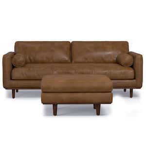 Morrison Mid-Century Modern 89 in. Wide Sofa with Ottoman Set in Caramel Brown Genuine Leather