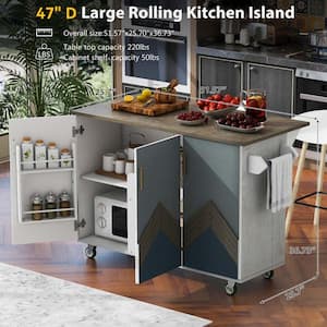 Mountain Grain White Wood 51.57 in. Kitchen Island in White with Internal Storage Rack Wheels for Living Room Kitchen