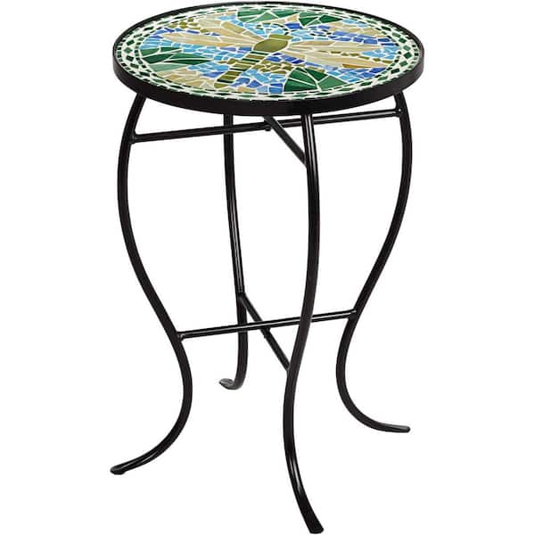 Unbranded Black Round Metal Outdoor Side Table with Mosaic Tile Tabletop